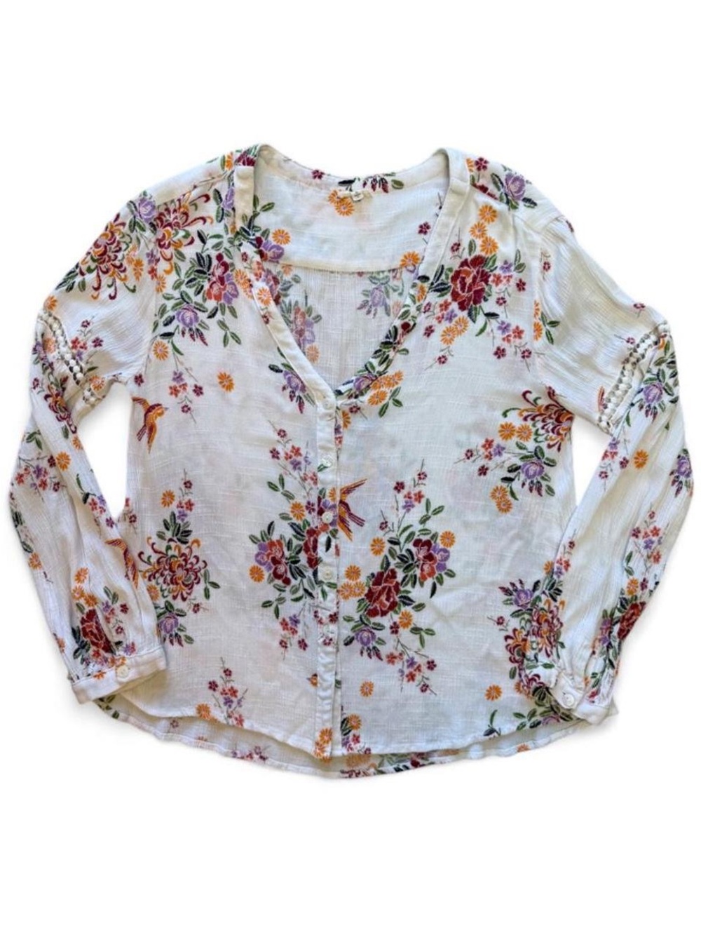 Floral Button-Front V-Neck Blouse - White with Multi Floral